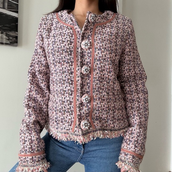 EsQualo Tweed Cropped Jacket Pink Preppy Chic Statement Buttons - Picture 4 of 13